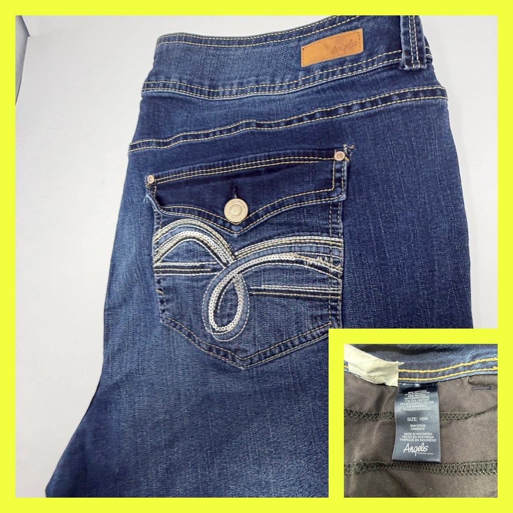 Angels Curvy Bootcut Jeans Women 16W Dark Wash Sequin Flap Pocket Indigo